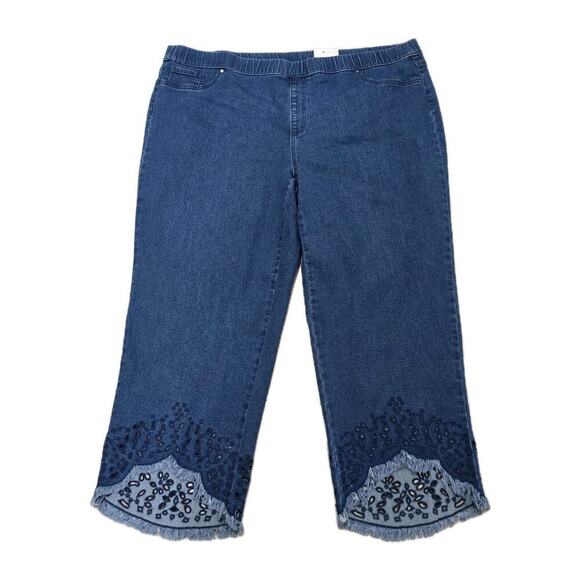 Intro Pants - Intro Straight Leg Tulip Eyelet Embroidered Frayed Hem Pull-On Ankle Pants 24W